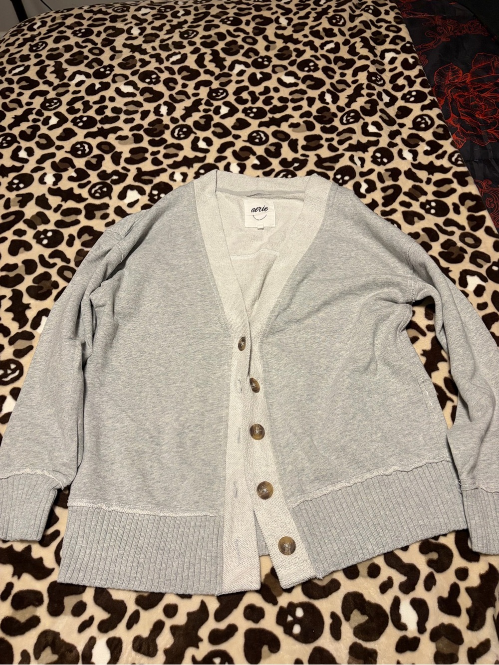 aerie Light Gray Button-Up V-Neck Cardigan